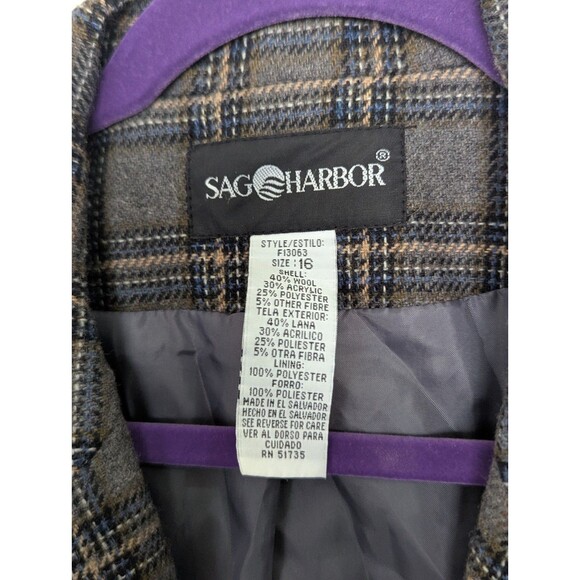 Sag Harbor Blazer Jacket Womens 16 Gray Blue Brown Plaid Wool Blend Lined Pocket - Picture 9 of 9